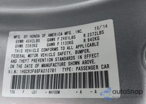 2015 Honda Accord Ex-L V-6 из США, поврежденный, VIN 1HGCR3F86FA010781